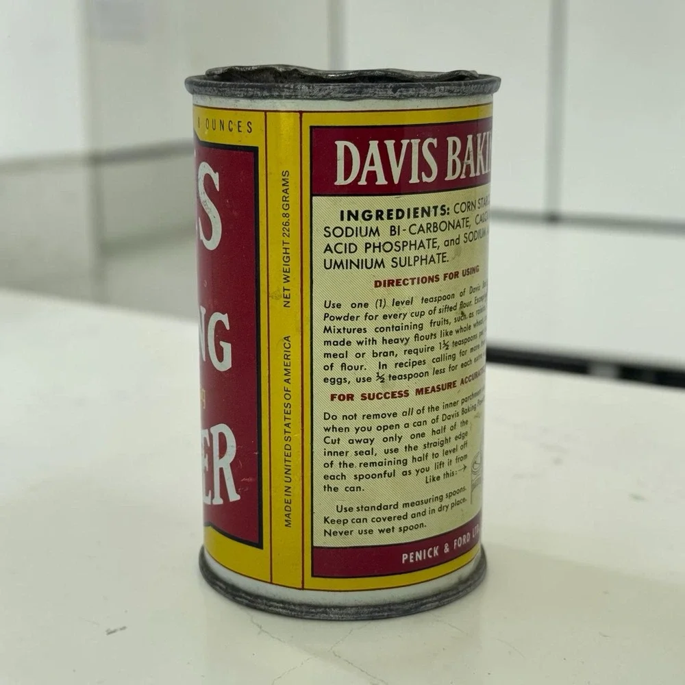 VTG 1950s Davis OK Baking Powder 8 Oz Full Tin Penick Ford Hoboken NJ Advertisin